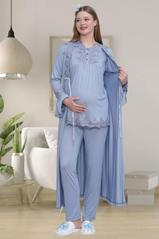Mecit Pijama Mecit 1519 Bayan Hamile Lohusa Mavi Sabahlık Gecelik Pijama Seti