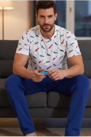 Siyah İnci Bisiklet Yaka Baskılı Örme Pijama Takım 25109843 Beyaz
