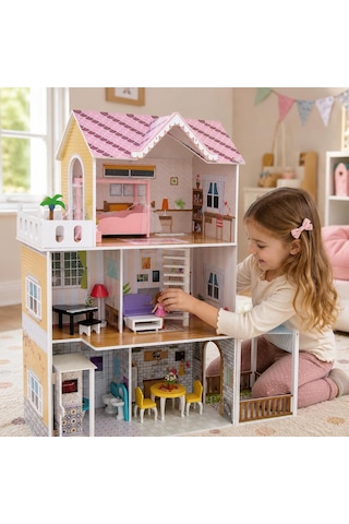 Vardem 3 Katlı 15 Parça Aksesuarlı Ev Seti, 120 X 104 X 36,4 Cm Büyük Oyun Evi, Mobilyalı Ve Aksesuarlı Çocuk Evcilik Oyuncak Seti, Bebek Evi Ve Rol Yapma Oyuncağı Tx1195 Abanoz - Beyaz