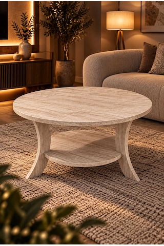 Orta Sehpa Traverten Desen Yuvarlak 75 Cm Çap - Mdf Ayak 46 Cm Yükseklik Modern Orta Sehpa Traverten