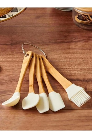 Bambu Saplı Slikon Uçlu 5 Parça Mini Spatula Kaşık Fırça Seti Açık Kahverengi