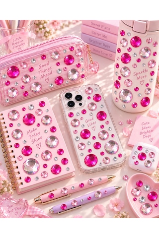Pembe Taş Rhinestone Sticker Yapışkanlı Saç, Yüz, Tırnak, Vücut Ve Süs Taşı