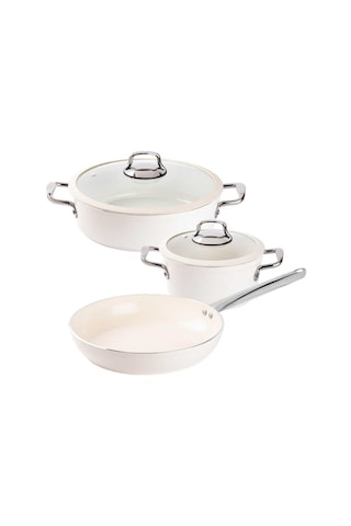 Tantitoni Deluxe Krem Seramik 5 Parça Tencere Seti Krem