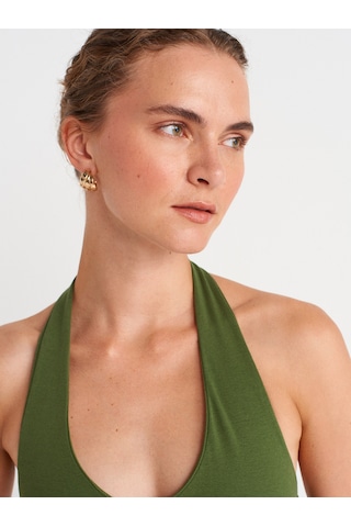 Dilvin 91476 Halter Yaka Midi Elbise-koyu Haki Koyu Haki