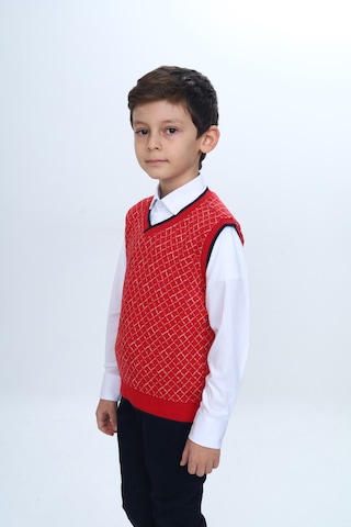Toontoy Kids Toontoy Erkek Çocuk Regular Fit V Yaka Kare Desenli Okul Süveter - Garni & 2 İplik Kırmızı
