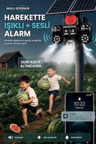 Avenir S446 4 Kameralı Telefondan 3 Dönebilir Güneş Enerjili Güvenlik - Aov 7/24 Türkcell Sim Kart 1 Yıl Her Ay 8gb 128 Hafıza