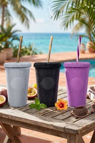 3 Adet Pipetli Kapaklı Opak Bardak 660 Ml, Smoothie Meşrubat İçecek Bardağı Mor-gri-siyah 3 Lü Set Renkli