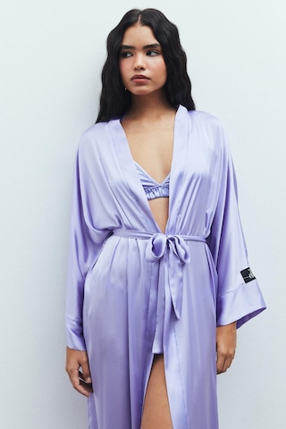 Frappant Lila Uzun Saten Sabahlık / Kimono Lila