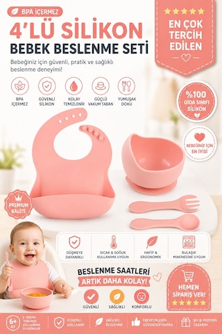 Çocuk Silikon Mama Önlüğü, Silikon Vakumlu Kase, Silikon Kaşık Ve Çatal / Pembe