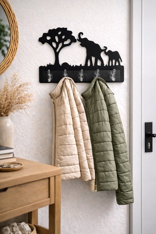 Fil Temalı Dekoratif Duvar Askılığı 6 Kancalı Mdf Anahtarlık Ve Askı 39 X 27,5 Cm Siyah Siyah