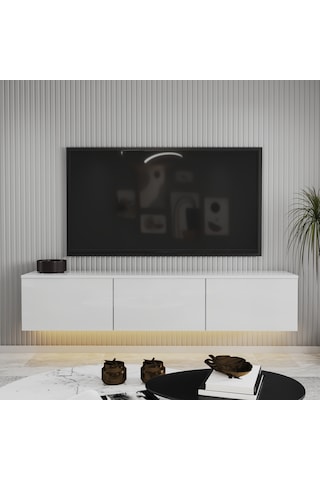 T0020 Alston Duvara Monte Tv Ünitesi Led Işıklı, Modern Tasarım, 160 Cm - Parlak Beyaz Parlak Beyaz