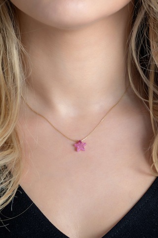 Moom Mücevherat Kadın Pembe Renk Yıldız Desenli Doğal Taş Kolye 1