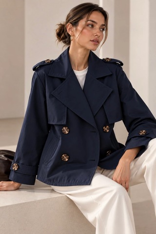 Bb Butik Basic Kısa Kruvaze Trençkot Düğme Detaylı Modern Kesim Qn3434 Lacivert