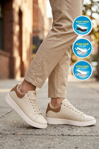 Walkway Bej Bağcıklı Hafif Unisex Cilt Spor Ayakkabı Costa G