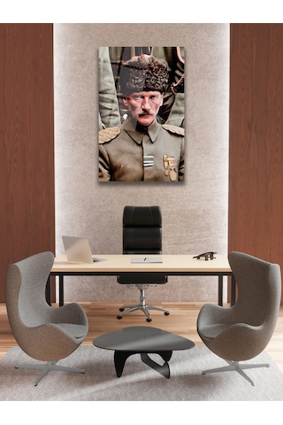 Mustafa Kemal Atatürk Üniformalı Dikey Cam Tablo Evlika, Modern Ev Ofis Salon Duvar Dekoru, Hediyelik Tablo