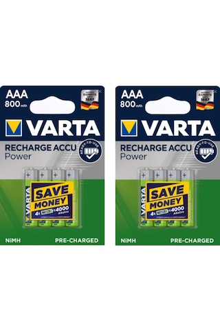 Varta 56703 800 mAh AAA Ni-MH Şarj Edilebilir İnce Kalem Pil 8'li + Pil Kutusu
