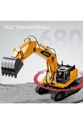 1:24 Ölçek Uzaktan Kumandalı Full Fonksiyon 360 Derece Dönen Şarjlı Işıklı Kepçe İş Makinası Kazıcı Ekskavatör Sarı