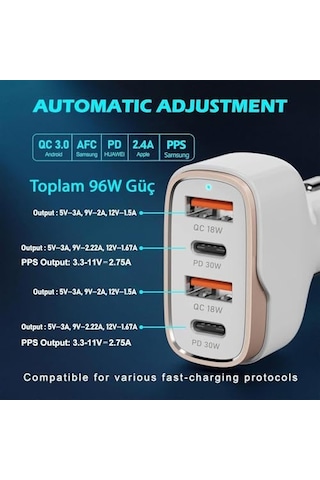Mt36 4 Portlu Type-c Usb Araç Hızlı Şarj Çakmaklık Adaptörü Toplamda 96w Şarj Gücü Qc 3.0 18w Pd 30w Turbo Şarj Desteklemez Beyaz