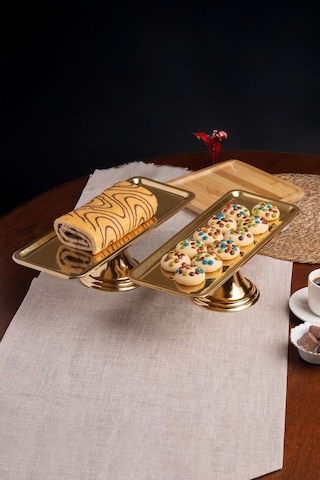 2'li Gold Dikdörtgen, Ayaklı Şık Kek, Pasta, Kurabiye Ve Tatlı Servis Sunum Standı Gold