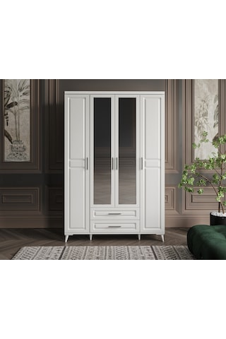 Gözde 4 Kapaklı Komple Mdf Aynalı Beyaz Gardırop