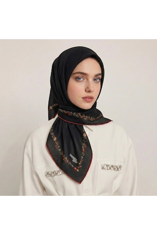 Bonjela Soft Eşarp Minimal Çiçek Desen Siyah Siyah