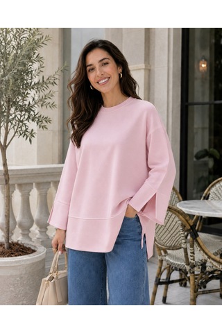 Unika Boutique Kadın Oversize Yırtmaçlı Uzun Kollu Salaş Bluz Pembe