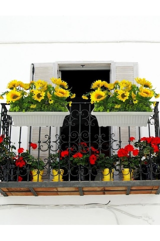 Yapay Çiçek Ay Çiçeği Krem Küpeşte Askılı Saksıda Balkon Çiçeği