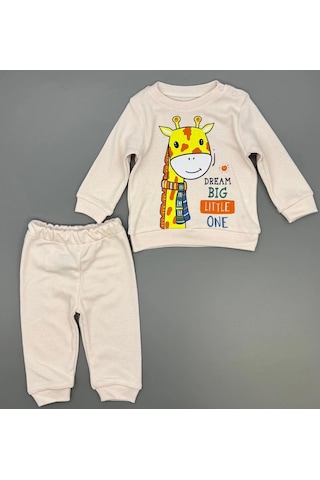 Kız Bebek Zürafa Baskılı Çıt Çıtlı Alt Üst İkili Gündelik Takım 6-18 Ay Krem