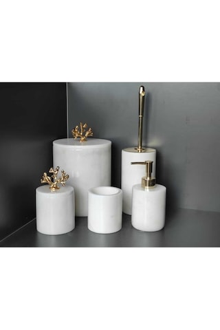 Beyaz Mermer Gold Mercan Aksesuarlı 5'li Banyo Seti Beyaz