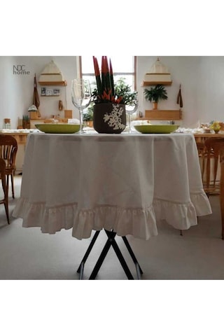 Dnc Home Tekstil Ham Keten Krem Fırfırlı Yuvarlak Masa Örtüsü 001
