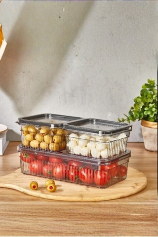 3'lü Saklama Kabı Seti - Buzdolabı Düzenleyici& Piknik Taşıma Kabı Seti 1,80lt X1 - 0,85lt X2 Şeffaf Gri