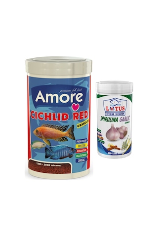Cichlid Red Granules 1Lt ve Spirulina Garlic Kutu Balık Yemi