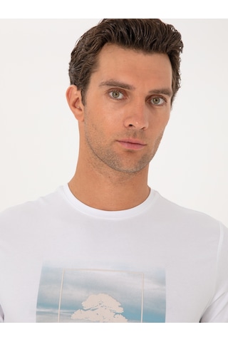 Beyaz Slim Fit Bisiklet Yaka Pamuk Karışımlı T-shirt