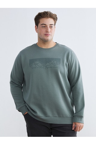 Lcwaıkıkı Classic Yeşil Büyük Beden Bisiklet Yaka Baskılı Erkek Kalın Sweatshirt