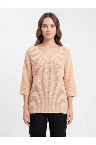 Neden Tekstil Kadın V Yaka Oversize Triko Kazak - Pembe