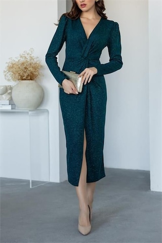 Kadın Büzgü Detaylı Simli Gece Elbisesi Dpnbmy3633 Yeşil