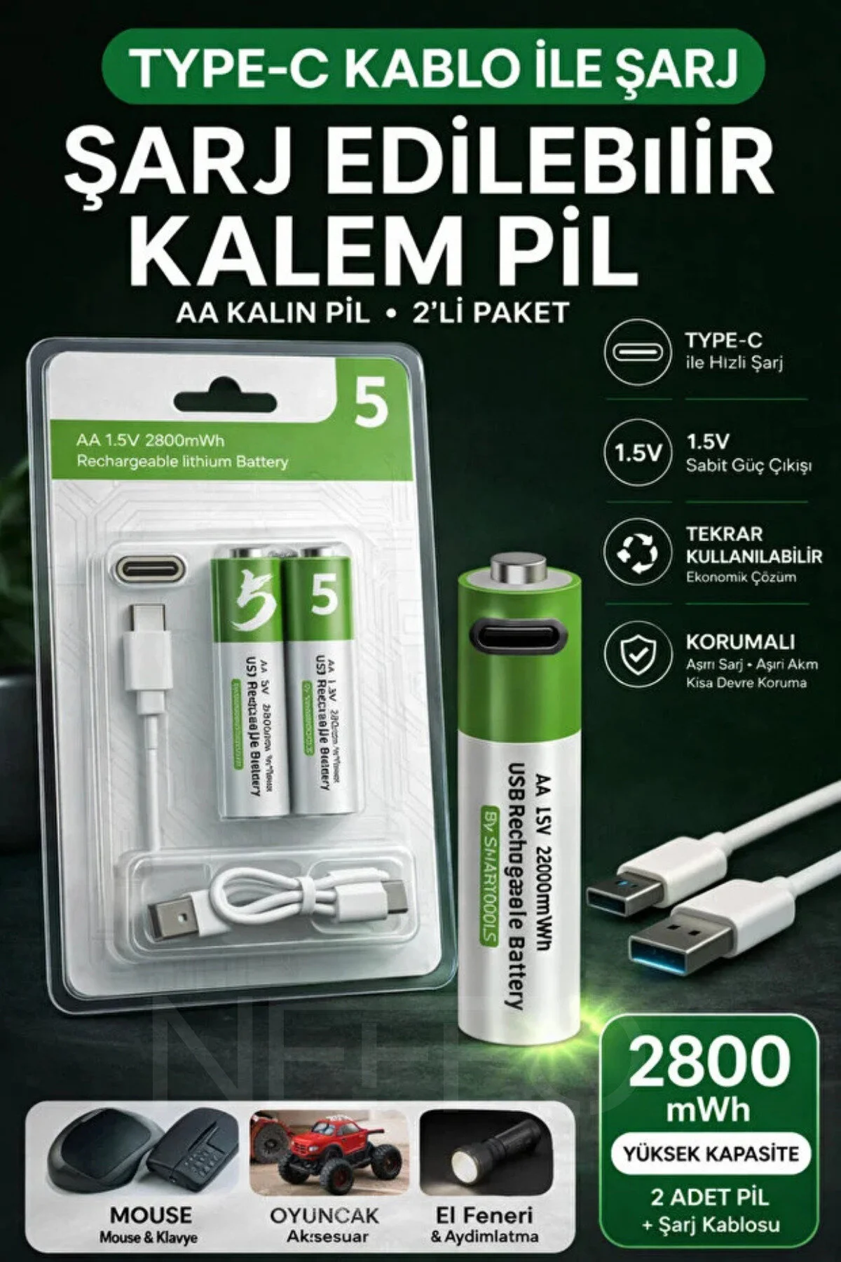 Usb Şarjlı Aa Şarj Edilebilir Pil 2800mwh 2'li Set