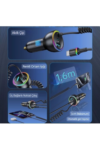 70w Yaylı Şarj Kablolu 3 Girişli Type-c Ve Usb Hızlı Ce Lisanslı