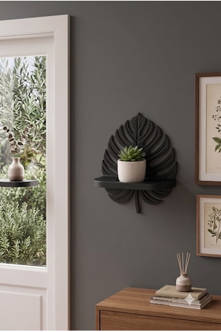 3d Dekoratif Monstera Yaprak Duvar Rafı - Sukulent Ve Mum Standı Siyah - Siyah