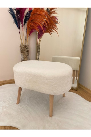 Oval Model Ahşap Ayaklı Teddy Kumaş Dekoratif Puf