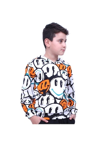 Fyk Kids Gülen Yüz Desenli Kapşonlu Unisex Sweatshirt Turuncu