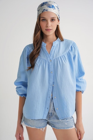 4733 Kadın Büzgü Robalı Uzun Kol Müslin Gömlek Bebe Mavi Bebe Mavi