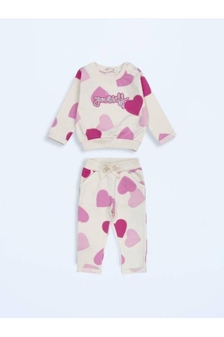 Kız Çocuk Pamuklu Kalp Desenli Eşofman Takım-15498 Çok Renkli