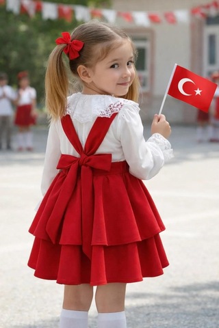 Miniko Kids 23 Nisan Kız Çocuk Uzun Kol Detaylı Bayramlık Salopet Etekli Takım Kırmızı