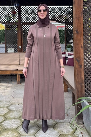Rabia Şamlı Biricik Kemerli Triko Elbise Sütlü Kahve Normal