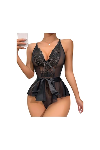 Lily Biancaa Kadın Dantelli Beli Kuşaklı Tül Babydoll Fantezi Gecelik Siyah