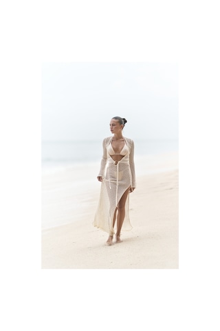 Fajahar Dekolteli Bağcıklı Bej Triko Uzun Elbise Bej