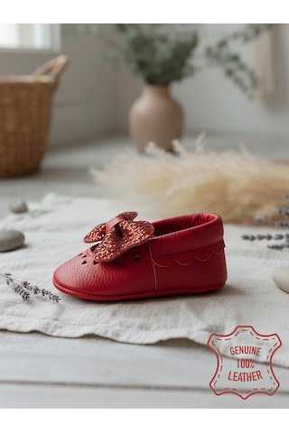 Denokids Kız Bebek Patik Hakiki Deri Taşlı Kırmızı Yumuşak Taban Ayakkabı 17-21 Numara Renkli