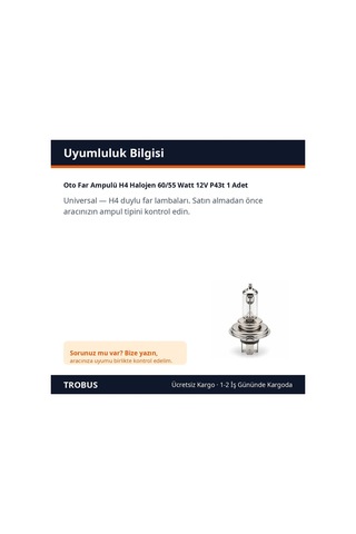 Trobus Oto Far Ampulü H4 Halojen 60/55 Watt 12v P43t 1 Adet