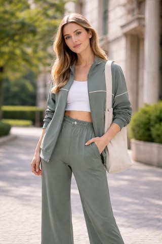 Esra Butik78 Kadın 2 Li Eşofman Takımı Fermuarlı Sweatshirt Ve Bol Paça Alt Rahat Günlük Takım Haki